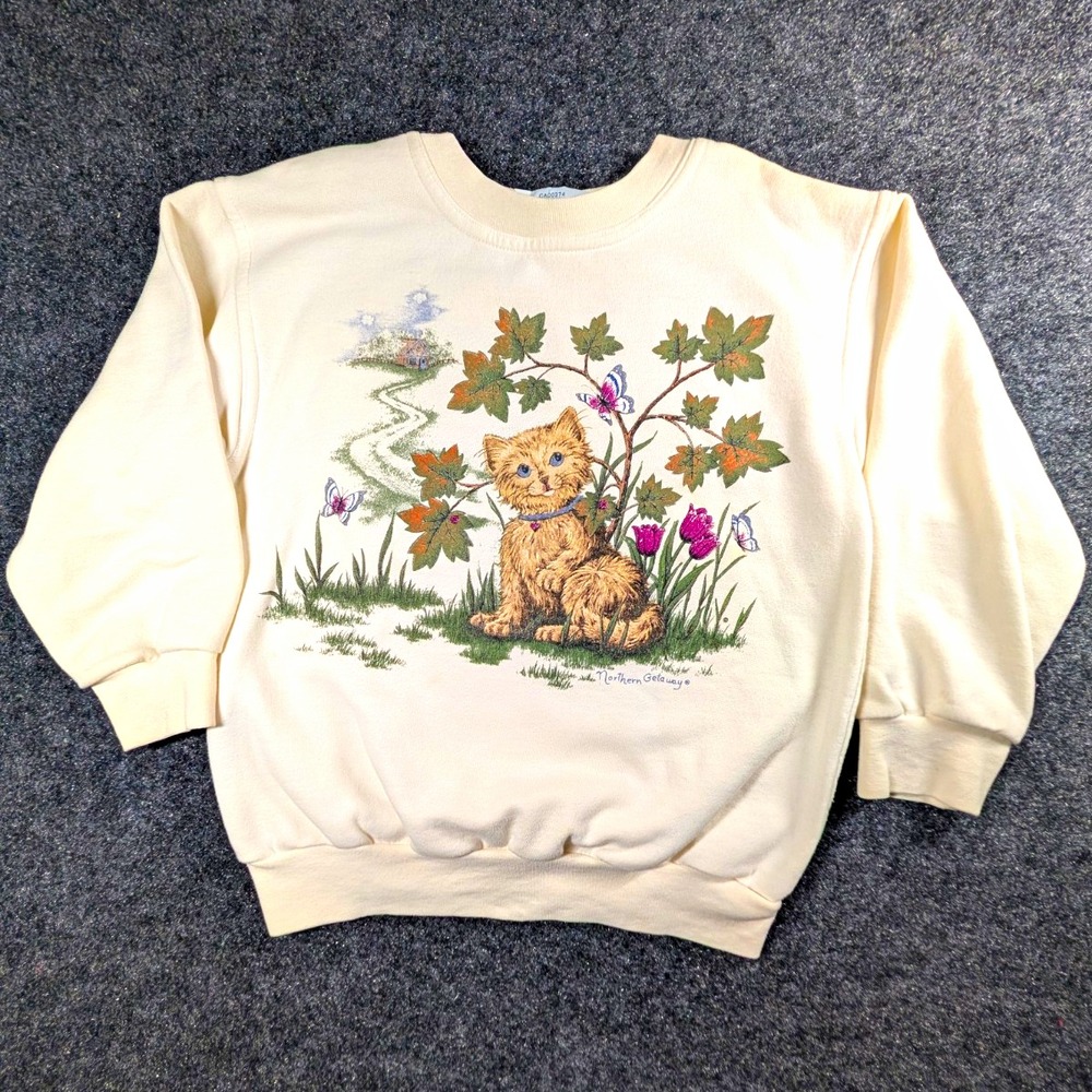 Vintage Northern Getaway Ivory Cat Graphic Leaves Crewneck Sweatshirt Girls L